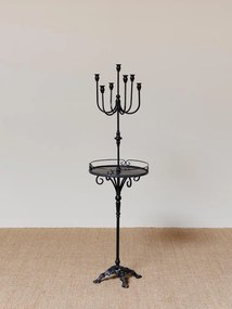 Măsuță laterală înaltă din metal, negru, cu sfeșnic cu 7 brațe, tavă rotundă și bază turnată, finisaj antichizat, 148 x 42 cm, „Perla”