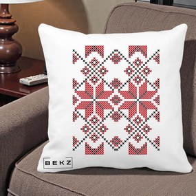 Perna Personalizata Motiv Traditional Cusatura Rosu-Negru, 40x40 cm, Alba Mata, Husa Detasabila, Perna Inclusa, BEKZ®