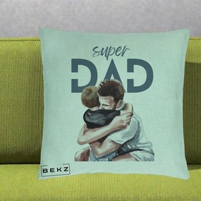 Cadou pentru Tata - Perna Personalizata Super Dad Tata si Fiu Imbratisare, 40x40 cm, Verde Menta, Husa Detasabila, Perna Inclusa, BEKZ®