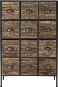Comodă cu multe sertare, industrială, din metal și lemn, negru, cu 12 sertare, mânere scoică și picioare metalice, 92 x 60,5 x 33,5 cm, „Matteo”
