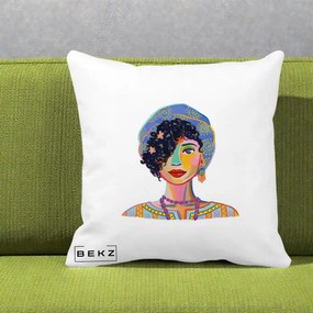 Perna Decorativa Portret Femeie Etnic Colorat, 40x40 cm, Alba Mata, Husa Detasabila, Perna Inclusa, BEKZ®