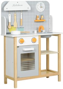 AIYAPLAY Bucătărie de jucărie cu accesorii, plită & cuptor, chiuvetă, ceas, rafturi, pentru 3-6 ani, Gri | Aosom Romania