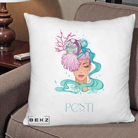 Perna Personalizata Zodiac Pesti Cowgirl, 40x40 cm, Alb Pufos, Husa Detasabila, Perna Inclusa, BEKZ®