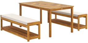 Outsunny Set de mobilier de grădină 3 buc., Set de scaune cu 1 masă cu orificiu pentru umbrelă, 2 bănci 150 x 85 x 75 cm Teak | Aosom Romania