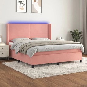 vidaXL Pat cu arcuri, saltea &amp; LED, roz, 180x200 cm, catifea