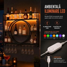 HOMCOM Suport de perete pentru sticle cu LED, suport pentru pahare și rafturi, negru | Aosom Romania