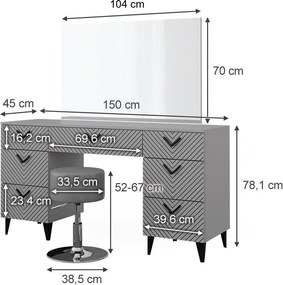 Masuta machiaj cu Oglinda LED si 7 Sertare pentru Cosmetice, Set Masa toaleta 150 cm, Gri, masuta cosmetica, vanity - SEG213
