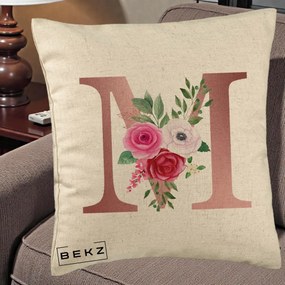 Cadou Personalizat - Perna Personalizata Monograma Rose Gold Litera M cu Trandafiri, 40x40 cm, Bej, Husa Detasabila, Perna Inclusa, BEKZ®