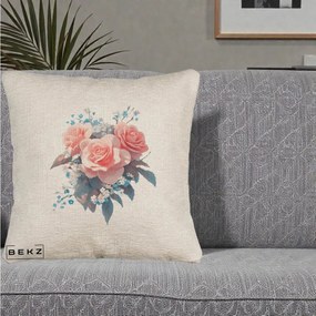 Perna Decorativa Trandafiri Roz cu Floricele Albastre, 40x40 cm, Bej Canapea, Husa Detasabila, Perna Inclusa, BEKZ®