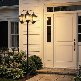 Outsunny Lampadar exterior solar cu 3 capete, lampadar pentru grădină, iluminare LED, senzor automat la apus și la răsărit, negru | Aosom Romania