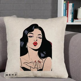 Perna Decorativa Femeie Pop-Art Kiss, 40x40 cm, Bej Canapea, Husa Detasabila, Perna Inclusa, BEKZ®