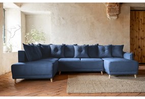 Colțar albastru închis extensibil cu tapițerie din catifea reiată (colț stânga/în formă de "U") Lazy Lukka – Miuform