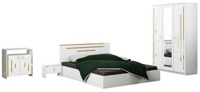 Dormitor Gold, culoare alb / auriu, pat standard 160x200 cm, dulap 123 cm, comoda si 2 noptiere