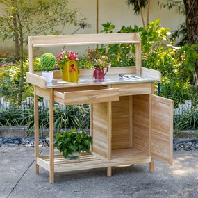Outsunny Masă de plantare masă de grădinărit cu 2 rafturi, sertar, dulap, tavă oțel galvanizat cu margini înalte, 3 cârlige, natural | Aosom Romania