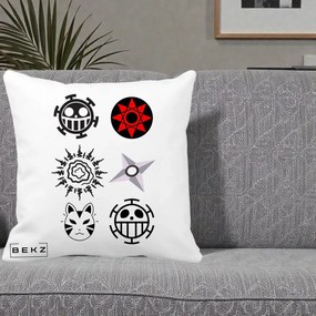 Perna Personalizata Simboluri Anime Mix - Naruto One Piece, 40x40 cm, Alba Mata, Husa Detasabila, Perna Inclusa, BEKZ®