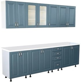 Bucatarie Zebra 260 cm din MDF Albastru cu blat termoizolant alb