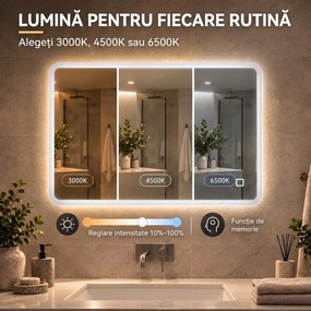 HOMCOM Oglindă de Baie cu LED 60x80 cm, 3 Culori de Lumină, Intensitate Reglabilă, Antiaburire, Comandă Tactilă, Memorie | Aosom Romania