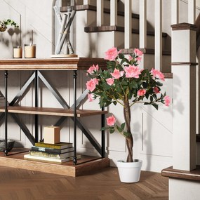 Outsunny Plantă Artificială de Trandafiri cu 21 de Flori, Ghiveci Umplut cu Ciment și Mușchi, Ø18x90 cm, Roz | Aosom Romania
