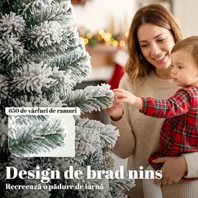 HOMCOM Brad Artificial de Crăciun 180 cm cu 650 Ramuri Ignifuge, Efect Înzăpezit Realist și Bază din Oțel, Verde și Alb | Aosom Romania