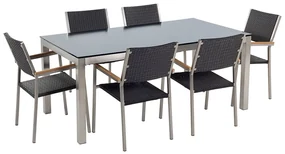 Set de masă pentru grădină Grosso (negru) (blat din sticlă 180x90 cm) (scaune din ratan) (sticlă). 1011749