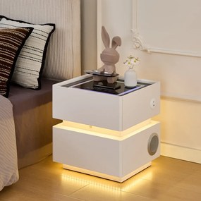 ELÉVIA — Noptieră inteligentă cu încărcare Wireless, Bluetooth Stereo, iluminare RGB, USB + Type-C și senzor de mișcare, Alb