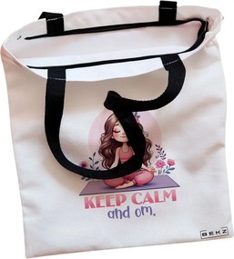 Sacosa de Panza pentru Cumparaturi, Geanta Tote, Yoga Keep calm and Om, Cu fermoar, 38x34.5 cm, Alba, BEKZ®