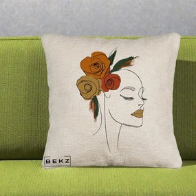 Perna Decorativa Portret Feminin Trandafiri Ruginii, 40x40 cm, Bej Canapea, Husa Detasabila, Perna Inclusa, BEKZ®