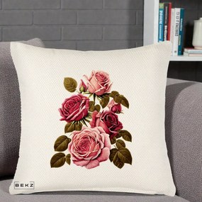 Perna Decorativa Trandafiri Vintage Roz-Rosii, 40x40 cm, Crem Reliefat, Husa Detasabila, Perna Inclusa, BEKZ®