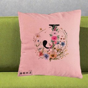 Cadou Personalizat - Perna Personalizata Monogram Litera J cu Flori Acuarela, 40x40 cm, Roz, Husa Detasabila, Perna Inclusa, BEKZ®