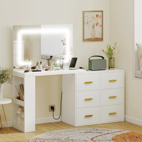 HOMCOM Stație de Machiaj cu Lumini LED, 3 Culori, Luminozitate Reglabilă, Toaletă Convertibilă cu Prize Electrice, 6 Sertare Soft Close, Oglindă, Rafturi Deschise, pentru Dormitor, Alb | Aosom Romania