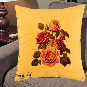 Perna Decorativa Trandafiri Vintage Roz-Rosii, 40x40 cm, Galben, Husa Detasabila, Perna Inclusa, BEKZ®