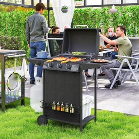 Outsunny Grătar pe Gaz cu Capac, Termometru, Masă Laterală și Tavă pentru Colectarea Grăsimii, 108x54x97 cm, Negru | Aosom Romania