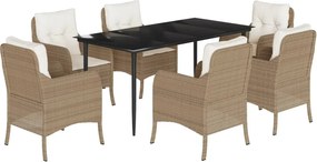 vidaXL Set de masă pentru grădină, 7 piese, cu perne, bej, poliratan