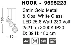 Lustra LED cu 3 pendule, dimabila, design modern Hook auriu, opal alb 39cm