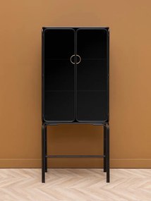 Vitrină vintage din metal, cu 2 uși din sticlă opacă, 3 rafturi și mânere circulare aurii, negru, finisaj lucios, 70×38×162 cm, „Ashbury"