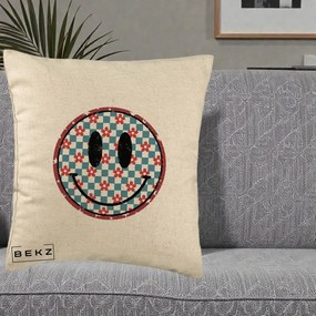 Perna Decorativa Smiley Face Checkered cu Floricele, 40x40 cm, Bej, Husa Detasabila, Perna Inclusa, BEKZ®