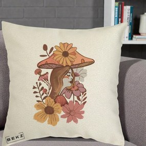 Perna Decorativa Fata Ciuperca Florala Boho, 40x40 cm, Ecru, Husa Detasabila, Perna Inclusa, BEKZ®