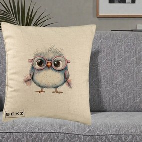 Perna Decorativa Pui Pufos cu Ochelari Roz, 40x40 cm, Bej, Husa Detasabila, Perna Inclusa, BEKZ®