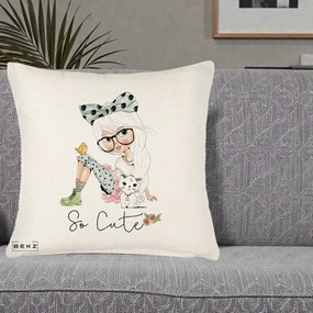 Perna Decorativa So Cute Fata Fashion, 40x40 cm, Crem Reliefat, Husa Detasabila, Perna Inclusa, BEKZ®