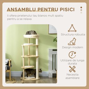 PawHut Ansamblu Multifuncțional pentru Pisici din PAL și Lemn cu Stâlp de Zgâriat din Sisal, Pat de Pluș, Ø54x123.5 cm, Stejar | Aosom Romania