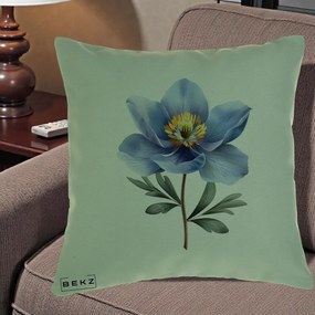 Perna Decorativa Anemona Albastra Botanica, 40x40 cm, Verde, Husa Detasabila, Perna Inclusa, BEKZ®