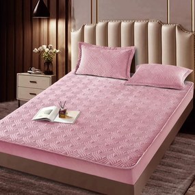 Husa de pat matlasata si 2 fete de perne din catifea, cu elastic, model tip topper, pentru saltea 180x200 cm, roz, HTC-12