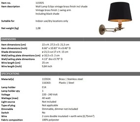 Aplica de perete cu brat articulat Eclips alama vintage/ negru