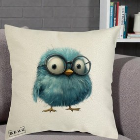 Perna Decorativa Pui Pufos Teal cu Ochelari, 40x40 cm, Ecru, Husa Detasabila, Perna Inclusa, BEKZ®