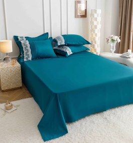 Lenjerie pat dublu, Inimi Brodate, 6 Piese, Finet Premium - Turcoaz