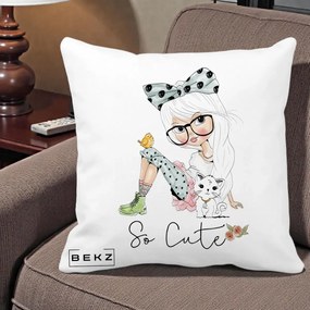 Perna Decorativa So Cute Fata Fashion, 40x40 cm, Alba Mata, Husa Detasabila, Perna Inclusa, BEKZ®