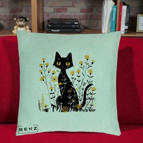 Perna Decorativa Pisica Neagra Ochi Galbeni Flori Galbene, 40x40 cm, Verde Menta, Husa Detasabila, Perna Inclusa, BEKZ®