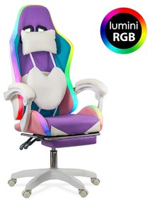 Scaun gaming cu iluminare RGB copii OFF298 roz/mov