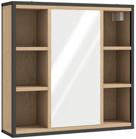 HOMCOM Dulap de perete baie cu oglindă, 52 x 24,5 cm cu 6 compartimente deschise și raft reglabil, stejar | Aosom Romania