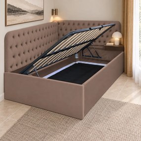 Pat tapițat pentru copii din catifea Elyra 120×200 cm, cappuccino, colț stânga, cu ladă de depozitare